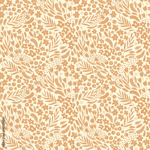 Doodled botany plants seamless repeat pattern. Random places, various vector flowers, leaves, herbs, berries and branches illustration all over surface print 