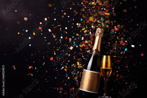 Celebration background with champagne bottle, confetti stars and party streamers