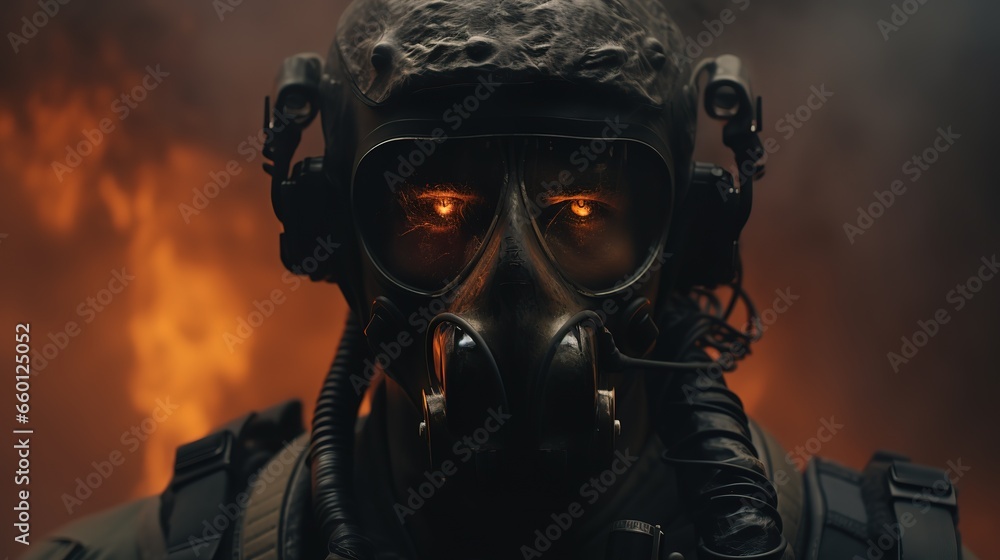 Portrait of an elite special forces soldier in a gas mask and military uniform. Face in gas mask