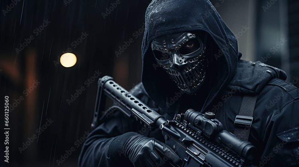 Portrait of an elite special forces soldier in a scary ominous mask, in military uniform.