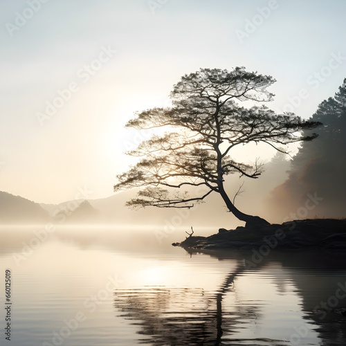 single tree reaching into a lake at sunrise