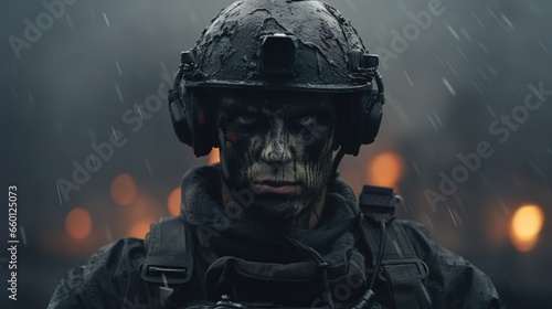 Portrait of an elite special forces soldier in military uniform. photo