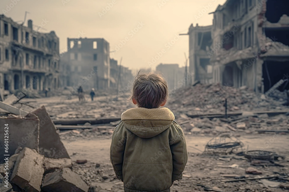 Concept of war, a toddler child from behind with destroyed city on background, dark smoke and burning buildings, nuclear accident or terrorism.