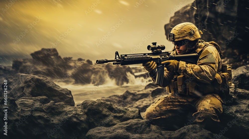Sniper shooter in the desert. A military man aims at the enemy during an operation. - obrazy, fototapety, plakaty 