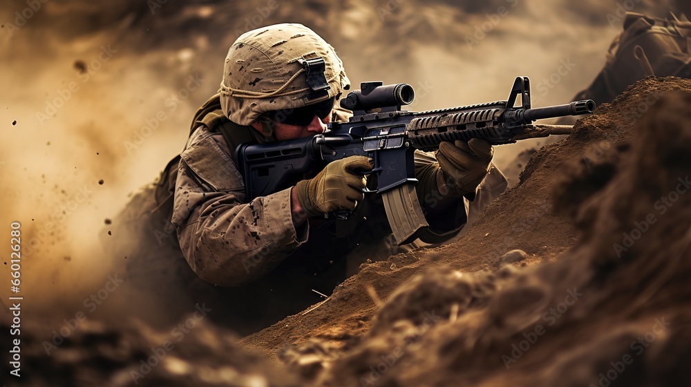 Sniper shooter in the desert. A military man aims at the enemy during an operation. - obrazy, fototapety, plakaty 