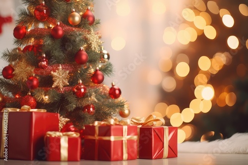 decorated Christmas tree with gifts around  Bokeh effect for a blurred background