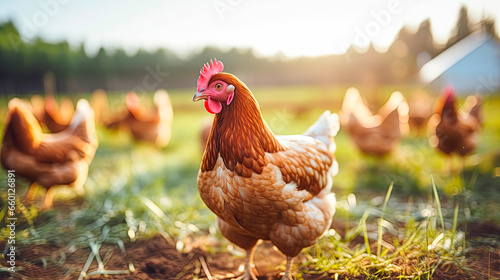 Slika na platnu a group of chickens near a farm in the sun