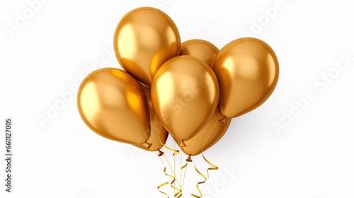 Festive background with seven golden metallic balloons on white background