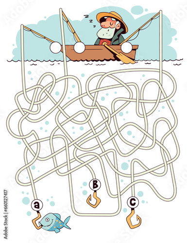 Elderly man fishing. Children logic game to pass the maze. Educational game for kids. Attention task. Choose right path. Funny cartoon character. Worksheet page. Vector illustration