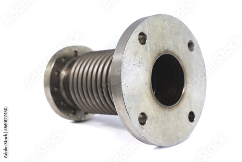Obraz na płótnie Bellows flange compensator isolated on white. Designed to dampen temperature expansion. Compensator with different flange diameters at the ends. Sample. w salonie