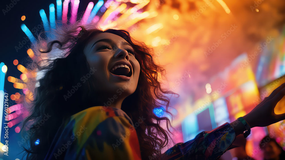 Girl at a night open air party festival with fireworks and dry holi colors. Creative banner for youth party concert.
