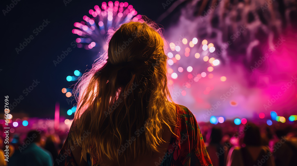 Girl at a night open air party festival with fireworks and dry holi colors. Creative banner for youth party concert. Girl at a night open air party festival with fireworks and dry holi colors. Creative banner for youth party concert.