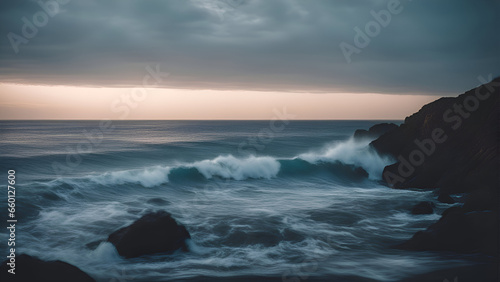Beautiful seascape with stormy waves at sunset. Long exposure