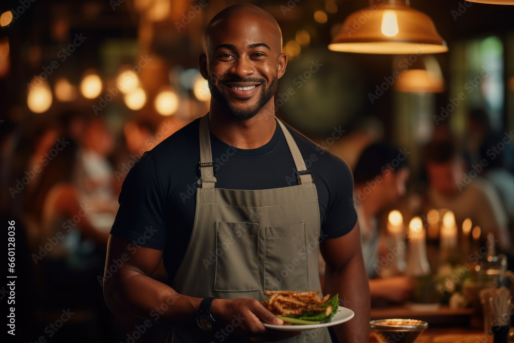 African American waiter man standing in front of bar at restaurant . African American waiter man standing in front of bar at restaurant .