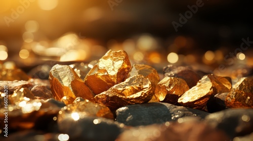 Gold. Pieces of gold in nature in the mountains close to the glare of the sun at sunset. Horizontal format for banners texture. AI generated.