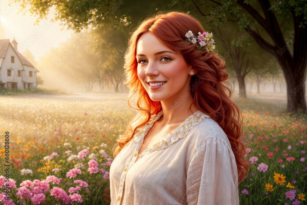 Naklejka premium portrait of a beautiful girl posing in nature, a bright sunny day in the forest, a glade with wild flowers
