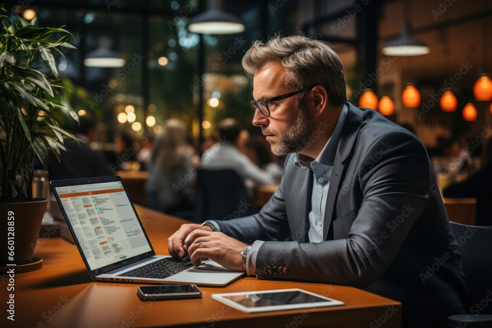 An HR executive analyzing employee engagement survey results to improve job satisfaction and morale. Concept of employee engagement in HR. Generative Ai. An HR executive analyzing employee engagement survey results to improve job satisfaction and morale. Concept of employee engagement in HR. Generative Ai.