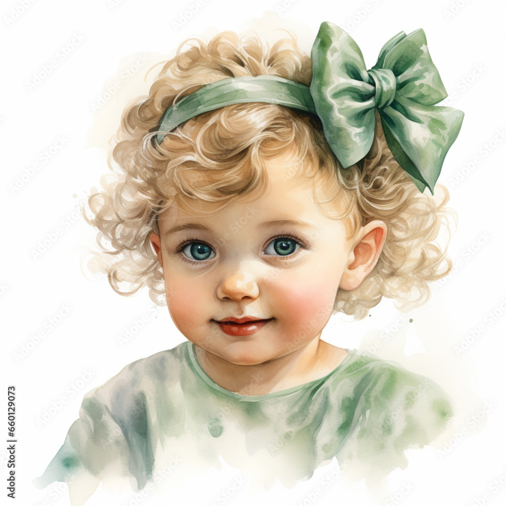 a charming little girl with light curly hair, big eyes and a green bow smiles sweetly a charming little girl with light curly hair, big eyes and a green bow smiles sweetly
