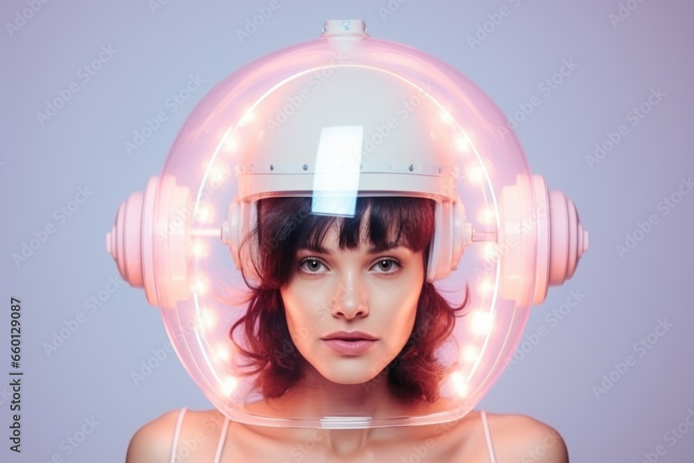 Futuristic portrait of a brunette wearing a surrealistic luminous helmet on a gray background. Futuristic portrait of a brunette wearing a surrealistic luminous helmet on a gray background.