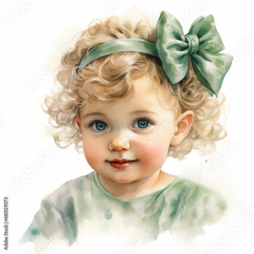 a charming little girl with light curly hair  big eyes and a green bow smiles sweetly