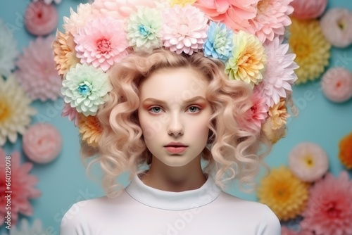 Portrait of a cute blonde girl with colorful flowers on her head against a blue background.