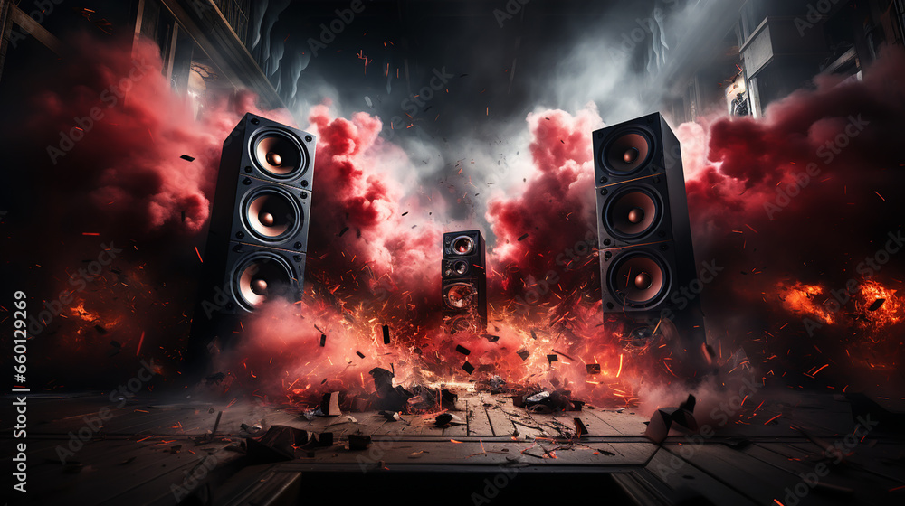 Abstract concept of powerful audio speakers blast out a cloud of color powder - obrazy, fototapety, plakaty 
