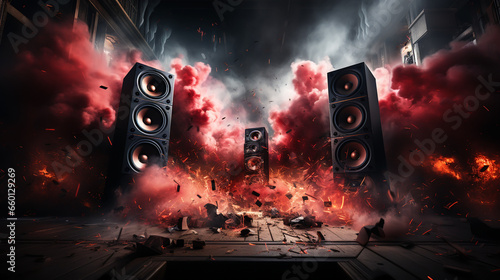Abstract concept of powerful audio speakers blast out a cloud of color powder photo