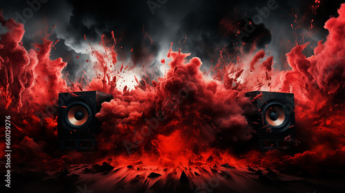 Abstract concept of powerful audio speakers blast out a cloud of color powder