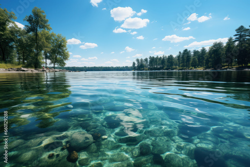 A calm, glassy lake reflecting a clear blue sky, creating a serene image. Concept of peaceful lake. Generative Ai.