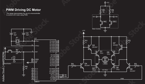 Vector electrical schematic diagram. 
This design demonstrates the use of a microcontroller
to control a DC motor using PWM.