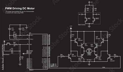 Vector electrical schematic diagram. 
This design demonstrates the use of a microcontroller
to control a DC motor using PWM.