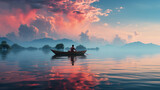 beautiful sunrise on the lake with boat