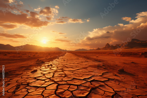 A searing sun casting long shadows across a scorching desert landscape. Concept of intense heat. Generative Ai.