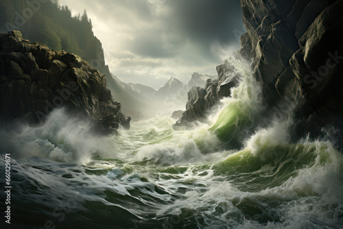 Massive waves crashing against rugged cliffs during a powerful coastal storm. Concept of a coastal tempest. Generative Ai.