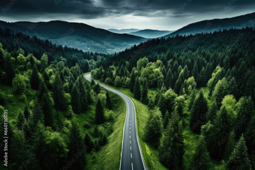 Aerial top view, mountaint road in dark green forest, - obrazy, fototapety, plakaty 