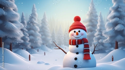 christmas card with snowman and snowy forest © Daniel