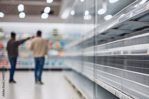 People near empty shelves in grocery store. Supermarket with empty shelves after panic shopping during crisis, pandemic, war, nature cataclysm, supply disruption, bad weather conditions