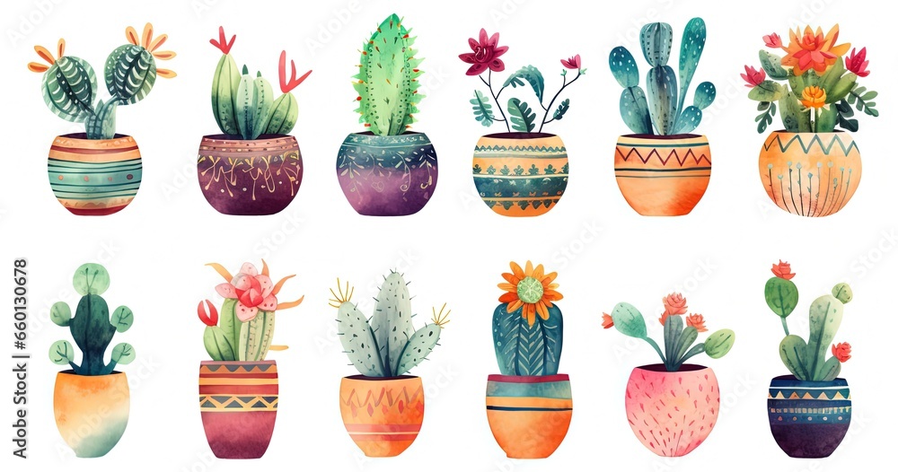 watercolor style cartoon illustration of cute flower pots blossoming in many type of flower and many pot paint pattern, isolated on white background, collection set, Generative Ai - obrazy, fototapety, plakaty 