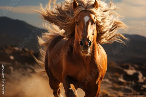 The regal grace of a galloping horse, its mane flowing in the wind. Concept of equine beauty. Generative Ai.