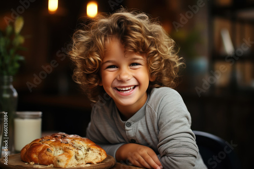 A cheerful child enjoying a nutritious, homemade meal with a wide smile. Concept of healthy eating habits in childhood. Generative Ai.