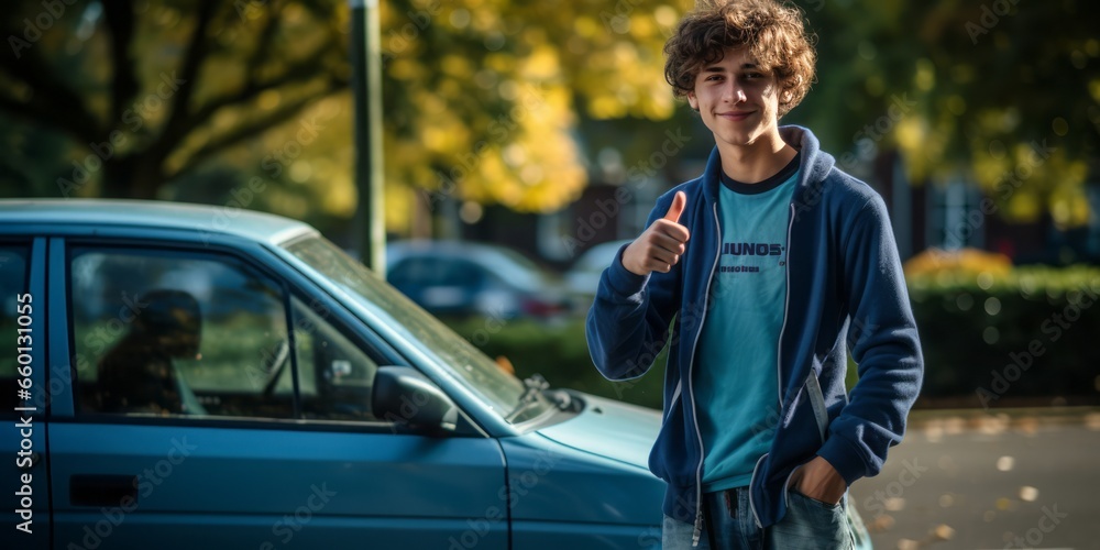 License to Drive: Young Man Celebrates Getting His Drivers License with a Thumbs-Up Next to His Car