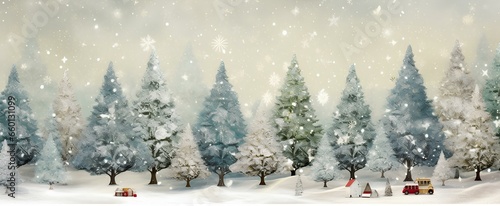Vintage postcard-style background showcasing a nostalgic snow-covered fir tree scene with hand-painted Christmas toys. Wide space available for messages or logos. generative AI photo