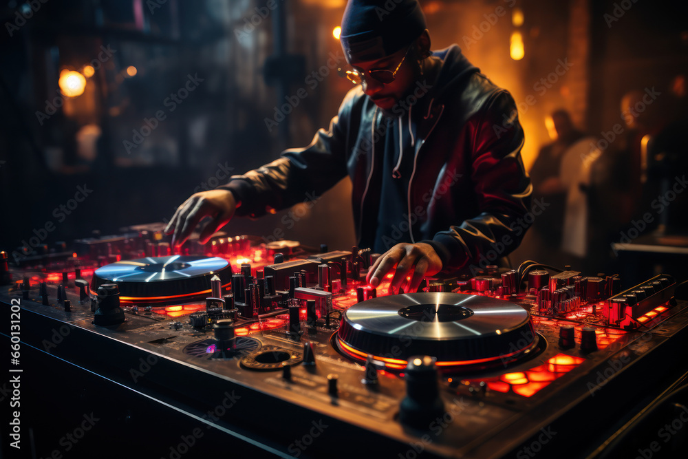 A DJ's hands skillfully manipulating vinyl records on turntables during a live performance. Concept of live DJ mixing. Generative Ai. A DJ's hands skillfully manipulating vinyl records on turntables during a live performance. Concept of live DJ mixing. Generative Ai.
