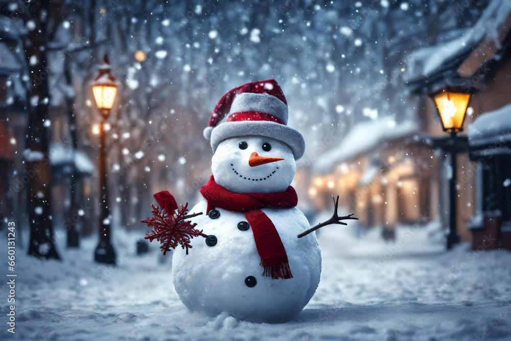 Happy snowman standing in winter christmas town street