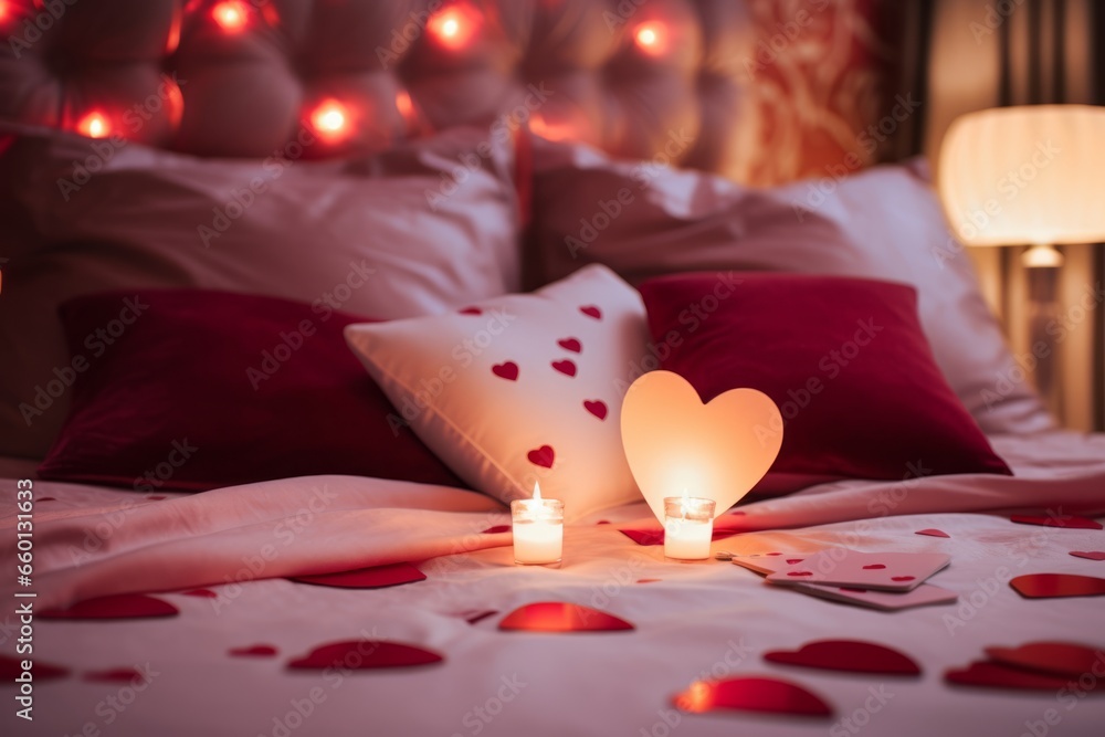 Romantic bed with pillows, rose petals and a candle. Valentine's Day. - obrazy, fototapety, plakaty 