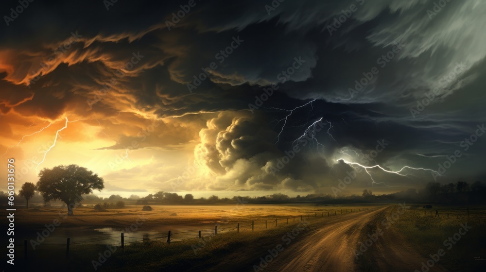 This mixed media illustration captures the intense drama of a storm during sunset, featuring a powerful tornado wreaking havoc in the countryside, accompanied by sheet lightning. It combines various