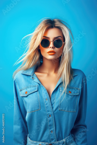 Beautiful fashionable girl wearing denim clothing on simple blue background