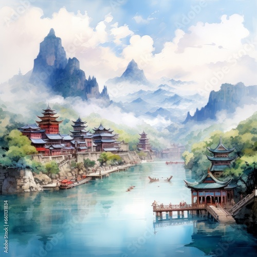 A captivating Japanese scene artfully depicted with a watercolor painting style