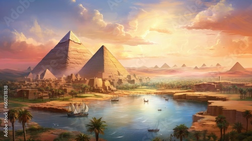A magnificent Egyptian scene beautifully captured with a watercolor painting style