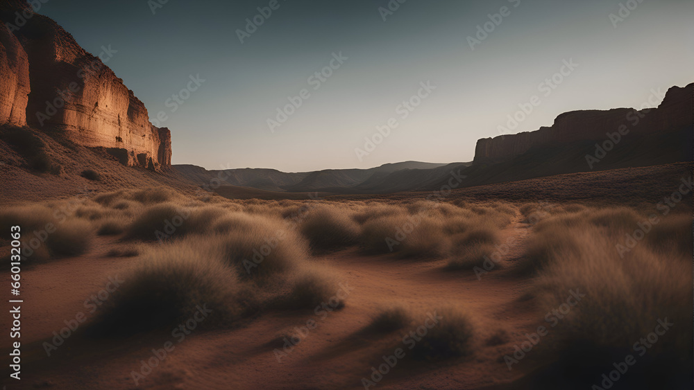 Desert landscape with sand dunes at sunset. 3d rendering